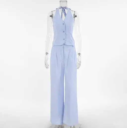 

2025 Fashion Two Piece Set for Women Summer New Product Leisure Chic Minimalist Blue Cotton Hemp Sleeveless Vest Pants Set