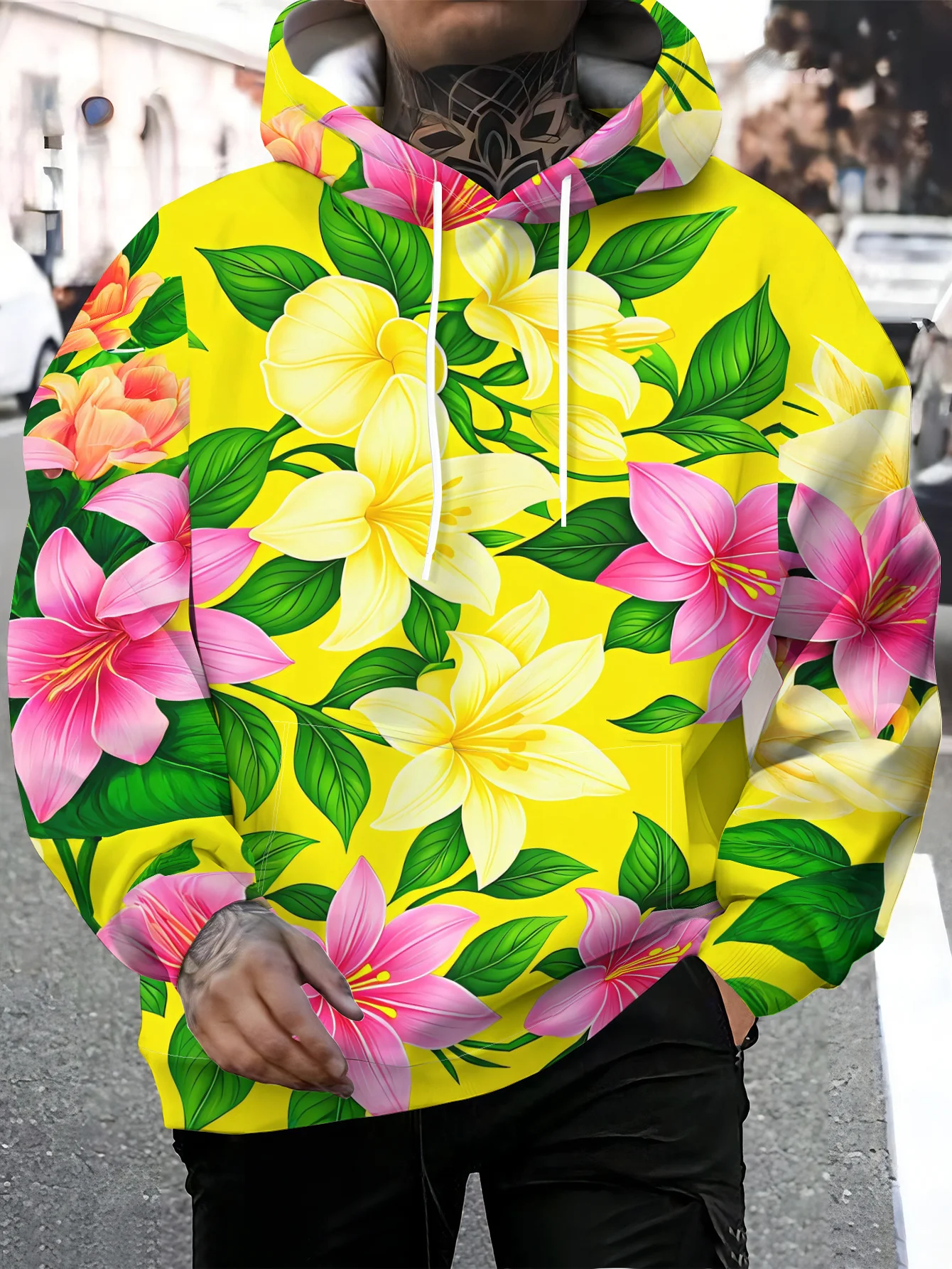 Men Yellow Background Pink Yellow Lily Floral 3D Print Hoodie Flower Leaf Casual Long Sleeve Sweatshirt