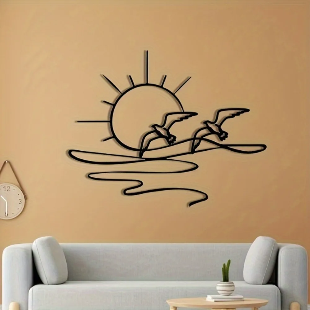 Sunrise Seagull Iron Metal Wall Art Coastal Ocean Line Decor for Living Room Beach House Farmhouse Interior