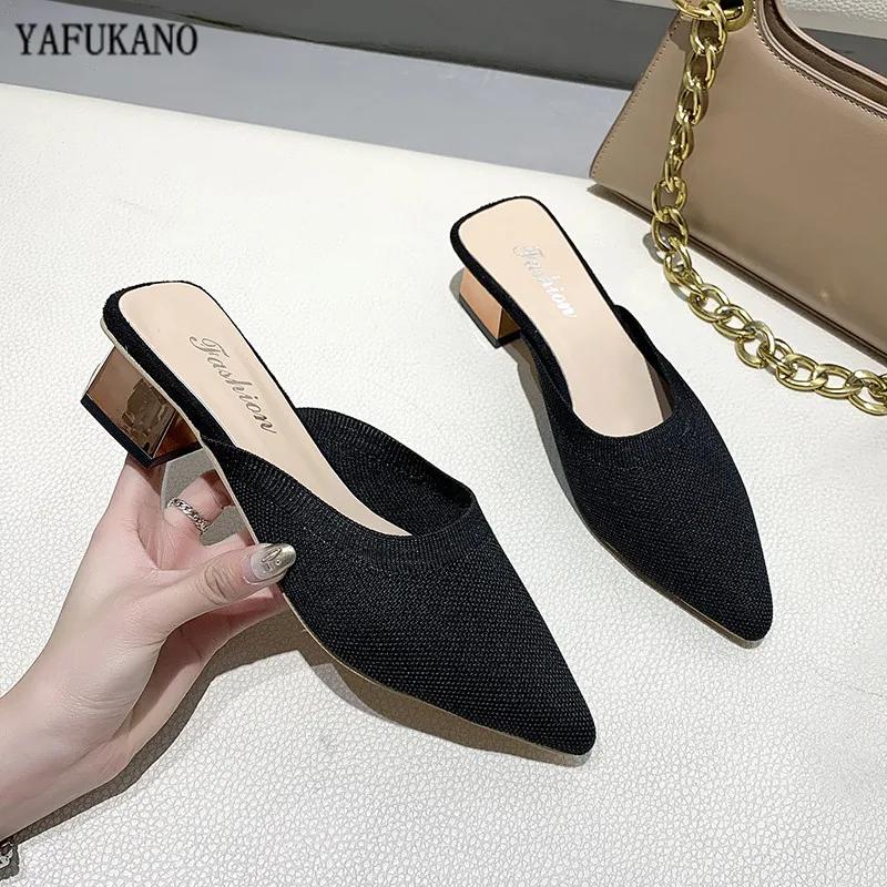 Summer 2024 New Elegant Women Yellow Black Knitted Slides Mules Mesh Breathable Flat Slippers Closed Toe Slides Party Shoes