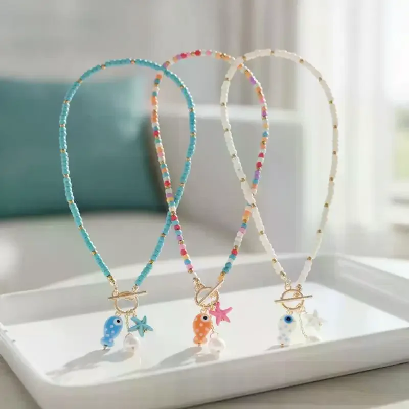Bohemian Sea-Inspired Ceramic Fish Starfish Pendant Necklace Colorful Beads Ceramic Chain Bracelet Summer Ocean Beach Jewelry