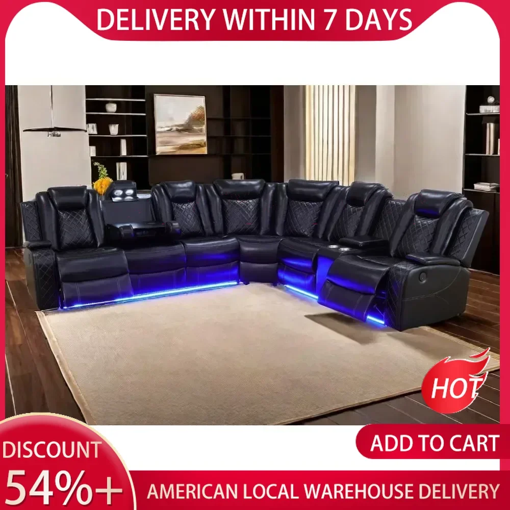 Power Recliner Set, Leather Sectional Sofa Set for Living Room,with LED Lights,Cup Holder, Hide-Away Storage Home Theater sofa