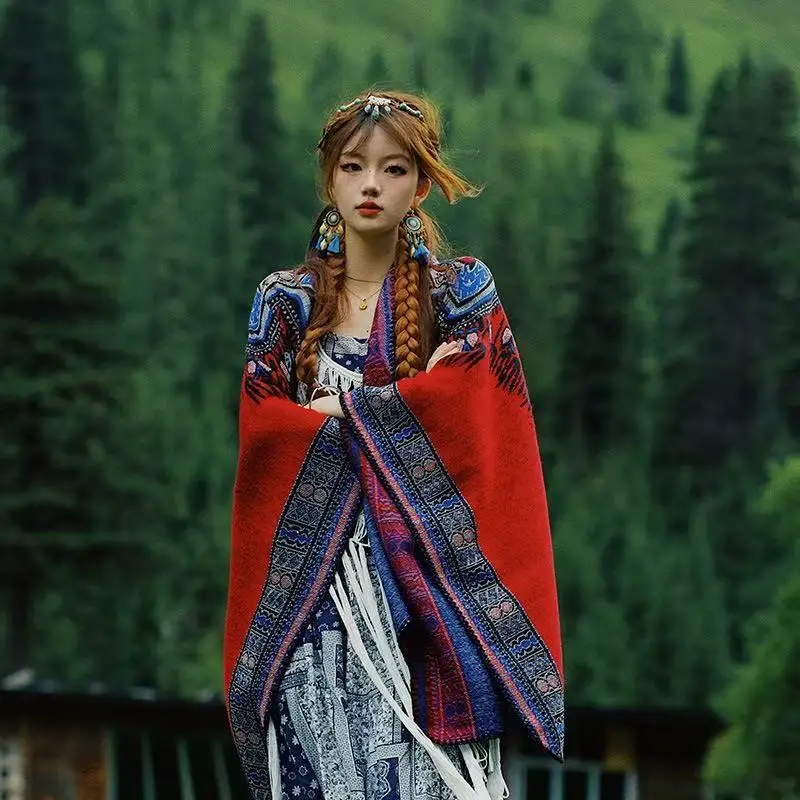 

Новая женская осенне-зимняя шаль в этническом стиле, имитация кашемира, полосатая шаль, накидка, плащ, кардиган, высокое качество