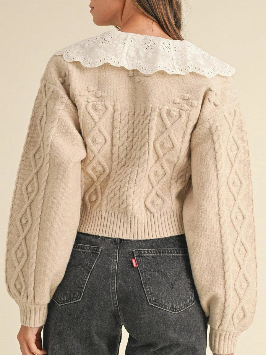 Women Knit Cardigan Long Sleeve Doll Collar Button Closure Tie-up Fall Casual Jacket Sweater