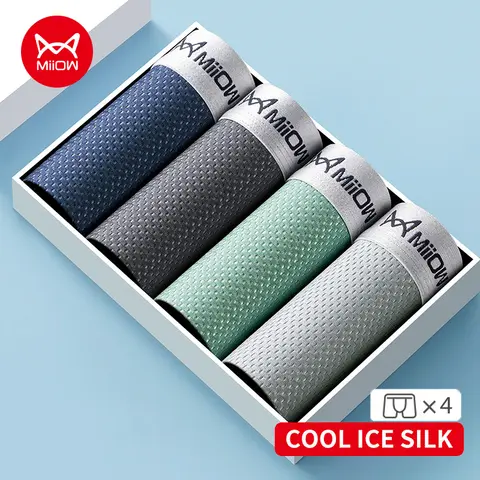 MiiOW 4Pcs 얼음 실크 남자 속옷 복서 7A 항균 가랑이 남자 팬티 섹시한 메쉬 통기성 남자 속옷 복서 트렁크