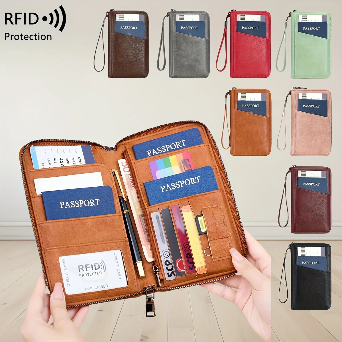 

Сумка для паспорта с блокировкой RFID 2025 года, можно поставить несколько паспортов, дорожный билет, сумка для хранения документов, длинный кошелек на молнии