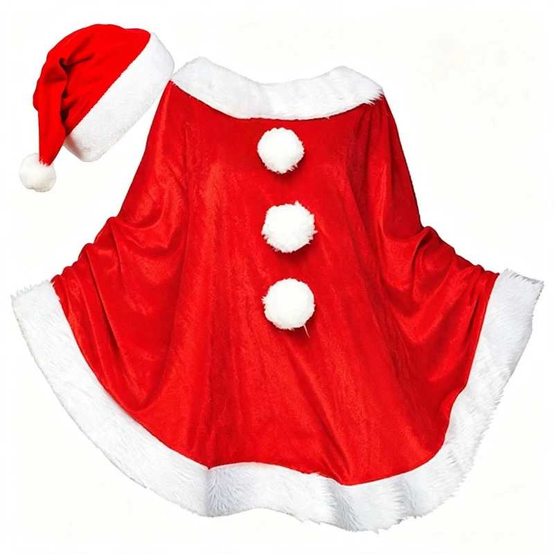 Christmas Santa Cloak with Santa Hat Red Velvet Cape White Faux Fur Trim Pom‑pom Decor for Xmas Holiday Cosplay Party Costume