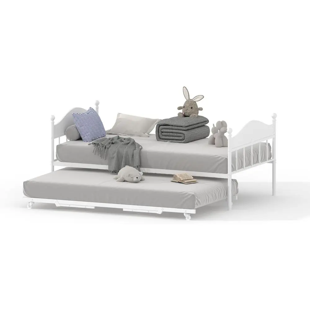 Twin Metal Daybed with Pop-Up Trundle and Stylish Headboard, White, for Living and Guest Rooms