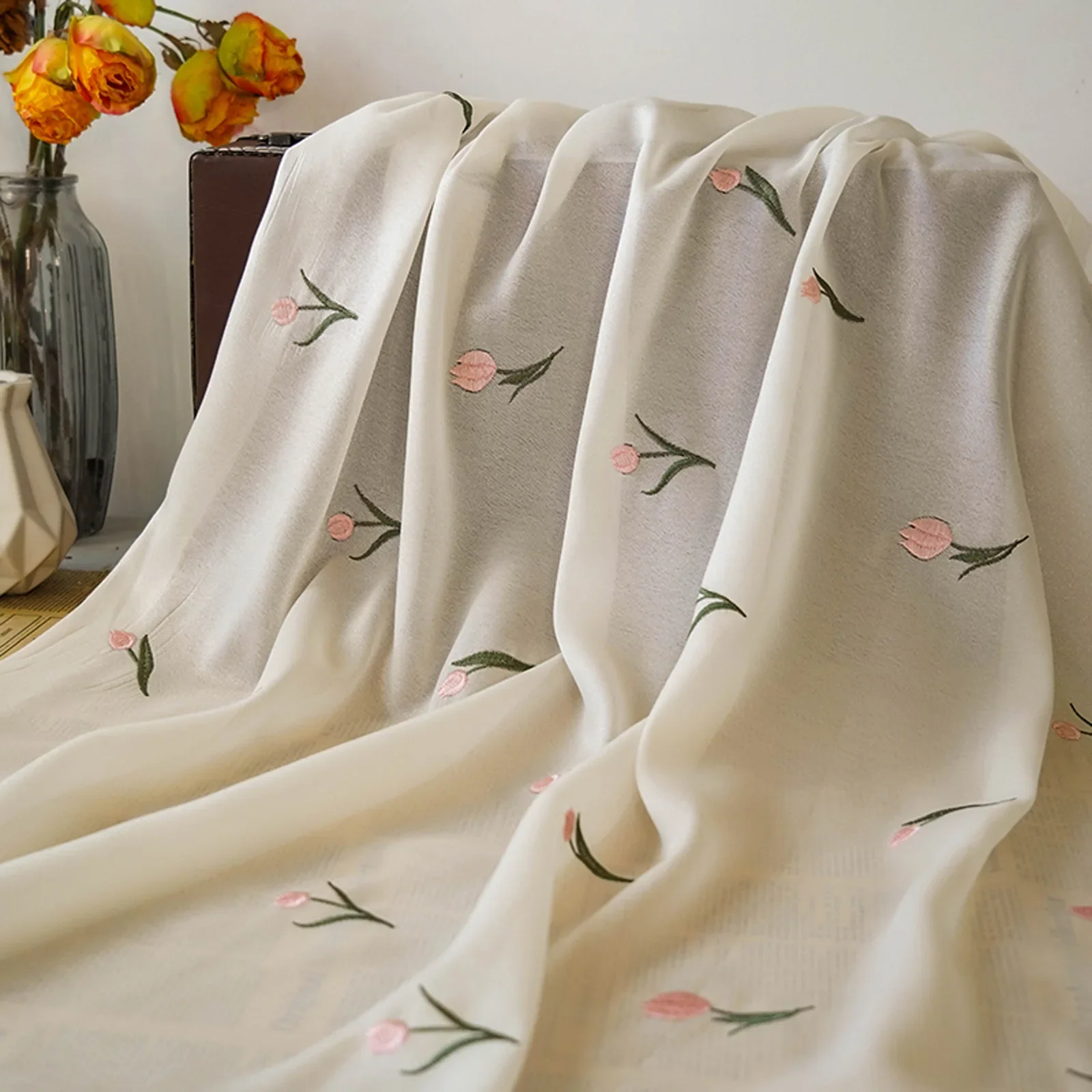 Exquisite Light Apricot Tulip Embroidery Chiffon Fabric for Elegant Dress Designer Fabric