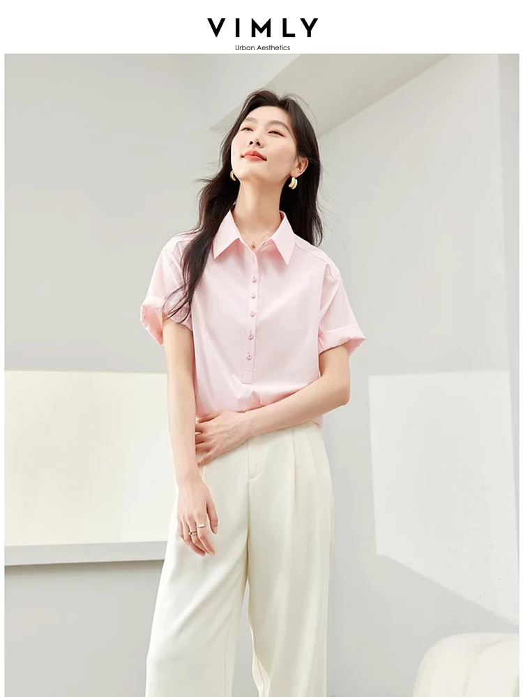 Vimly French Style Pink Short Sleeve Polo Collar Blouse Women 2024 Summer Lapel Straight Casual Button Up Women\'s Shirt M6920