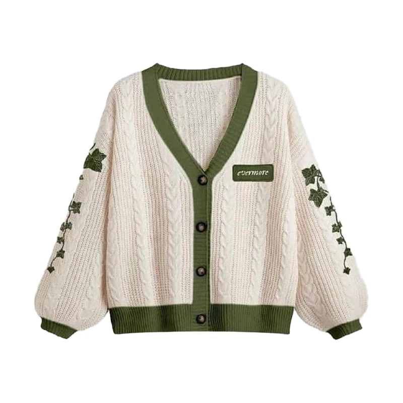 Evermore Cardigan Taylor Version Green Vine bestickter Button-Down-Pullover mit Zopfmuster für Damen, Herbst-Winter-Vintage-Outfit