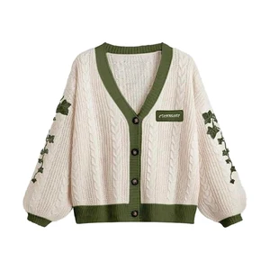 Evermore-Female bestickte embrodered-grüne Rebe, Low-Knopf, Maschenpullover, Vintage, Grün, Herbst, Winter 7 Women's Green Cardigan Sales - №1