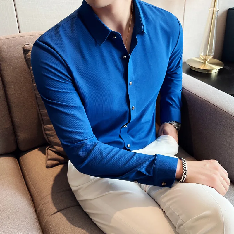 

Бесшовная вафельная рубашка с длинными рукавами, мужская однотонная приталенная повседневная деловая классическая рубашка, универсальная офисная рубашка в социальном стиле