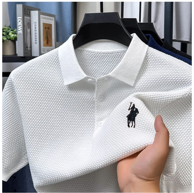 تي شيرت قطني بياقة 2025 صيفي فضفاض للأعمال بأكمام قصيرة وتطريز كاجوال للرجال