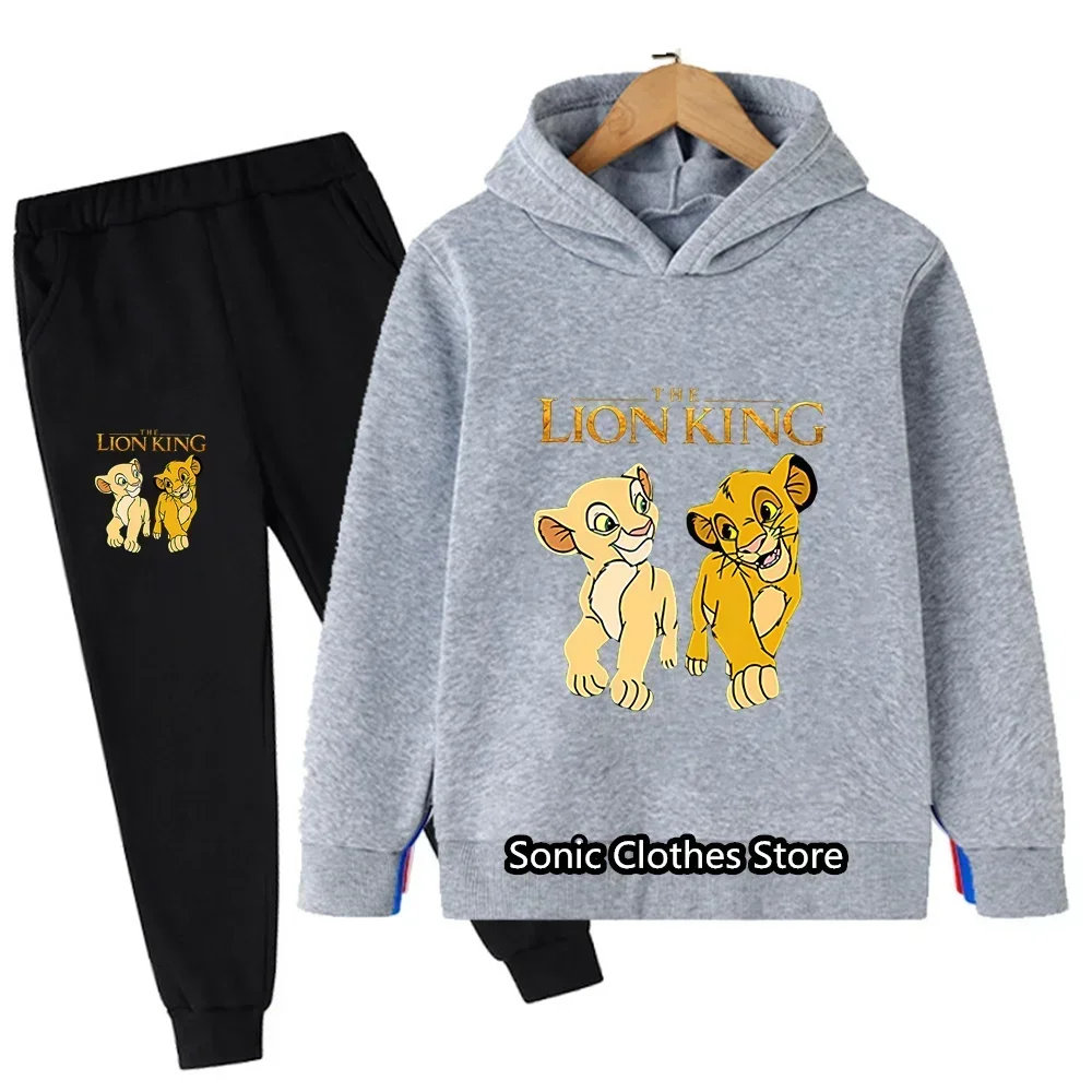 Disney Cartoon Animals Graphic Simba Kids Clothes Cotton Suit Girls Cartoon Lion King Hoodies Pants 2Pcs Casual Boys Girls Sets