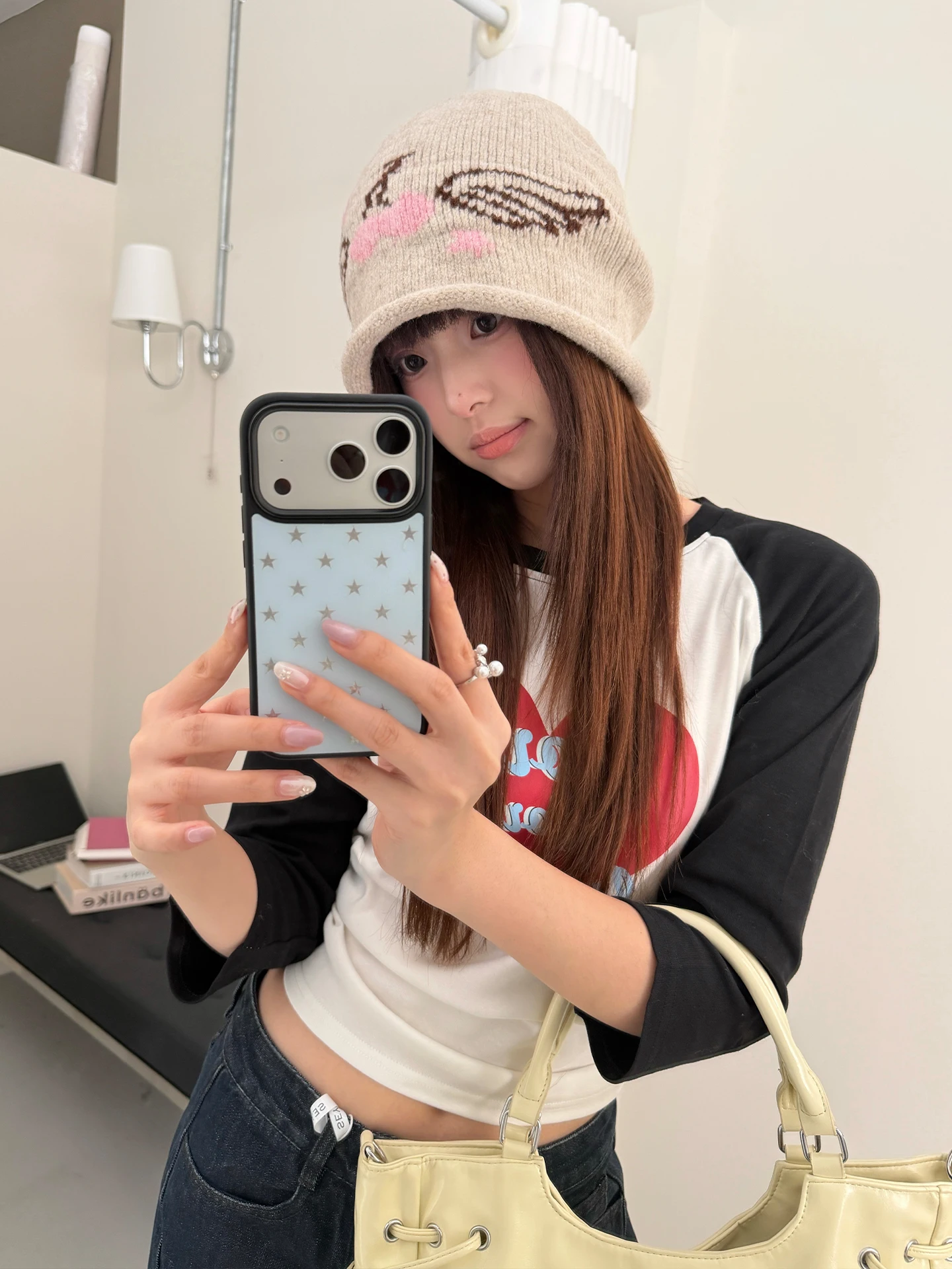 Sweet And Cute Cherry Wings Star Curly Edge Beanie Women's Knit Hat Slimming Face Beanie Slouchy Hat