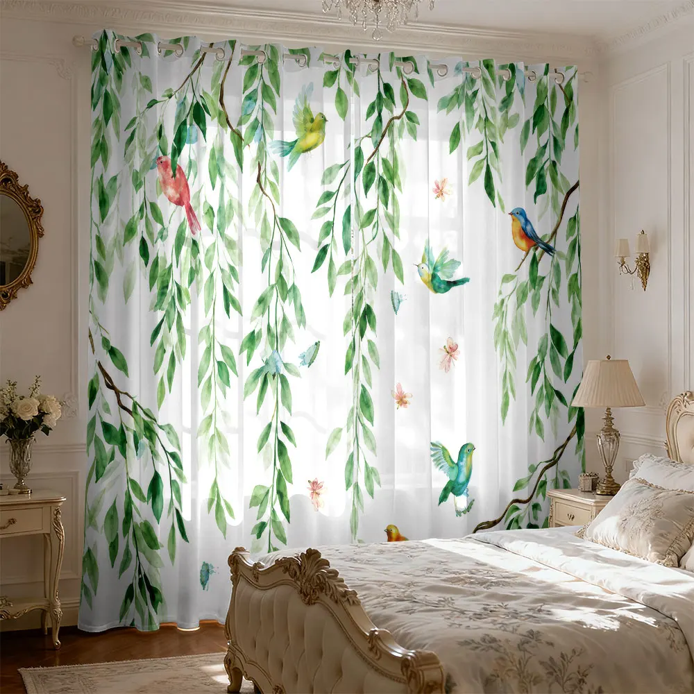 2pc watercolor willow branch and bird pattern curtains for shading bedrooms and home fashion decoration