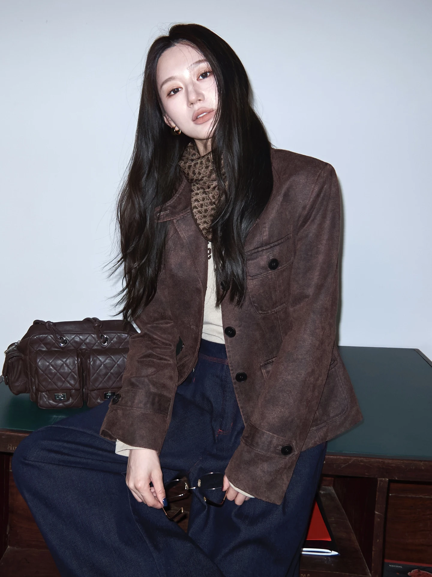 

YUM Cambodian Suede ort Jaet Ancient Dyeing Method Slim Fit Workwear Sle oulder Pad Waist Inward Coat for Women