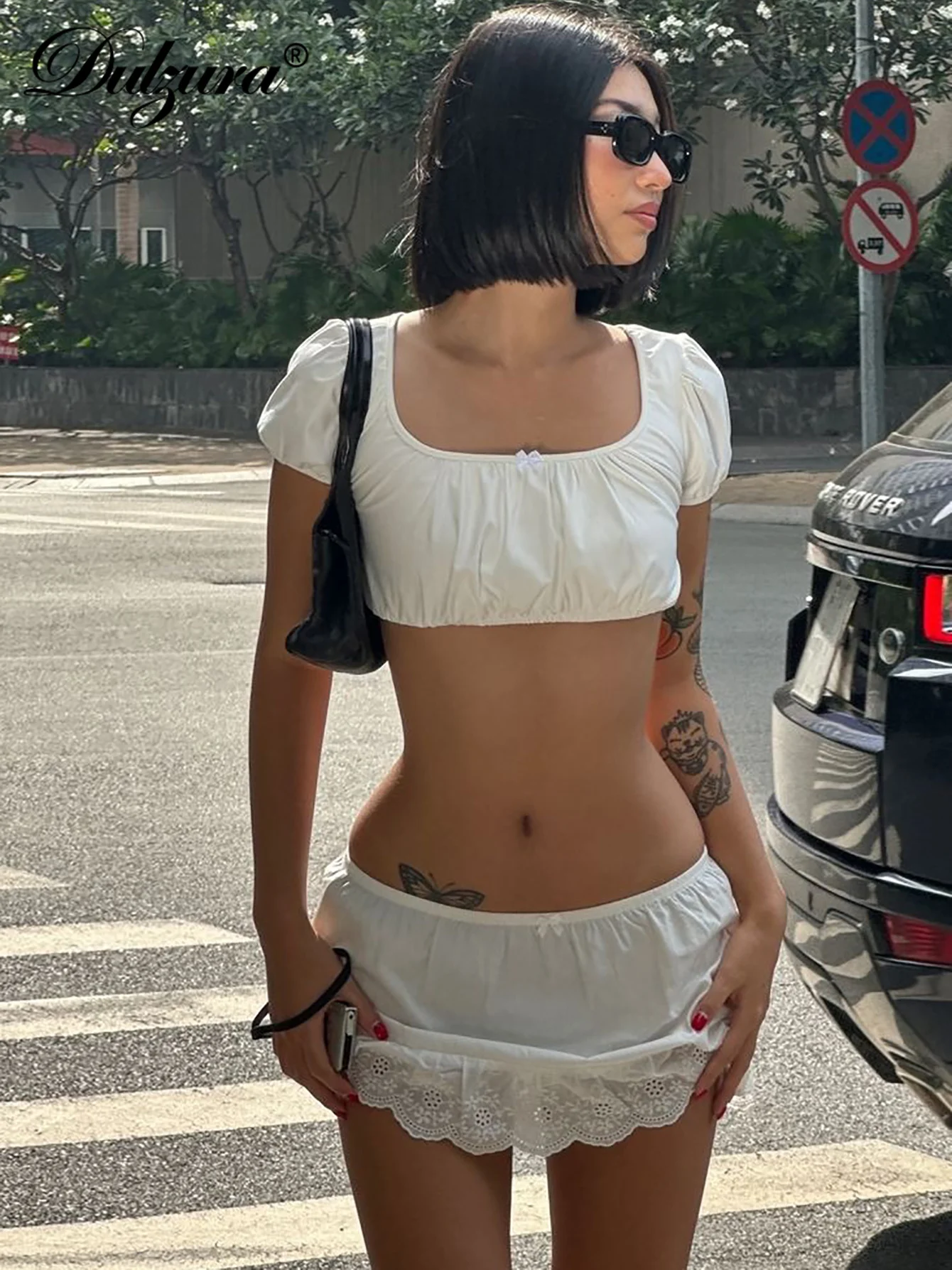 Dulzura-top de manga curta e mini vestido para as mulheres, terno sexy combinando com manga curta, cor sólida, para festa, clube, praia, streetwear, atacado, y2k