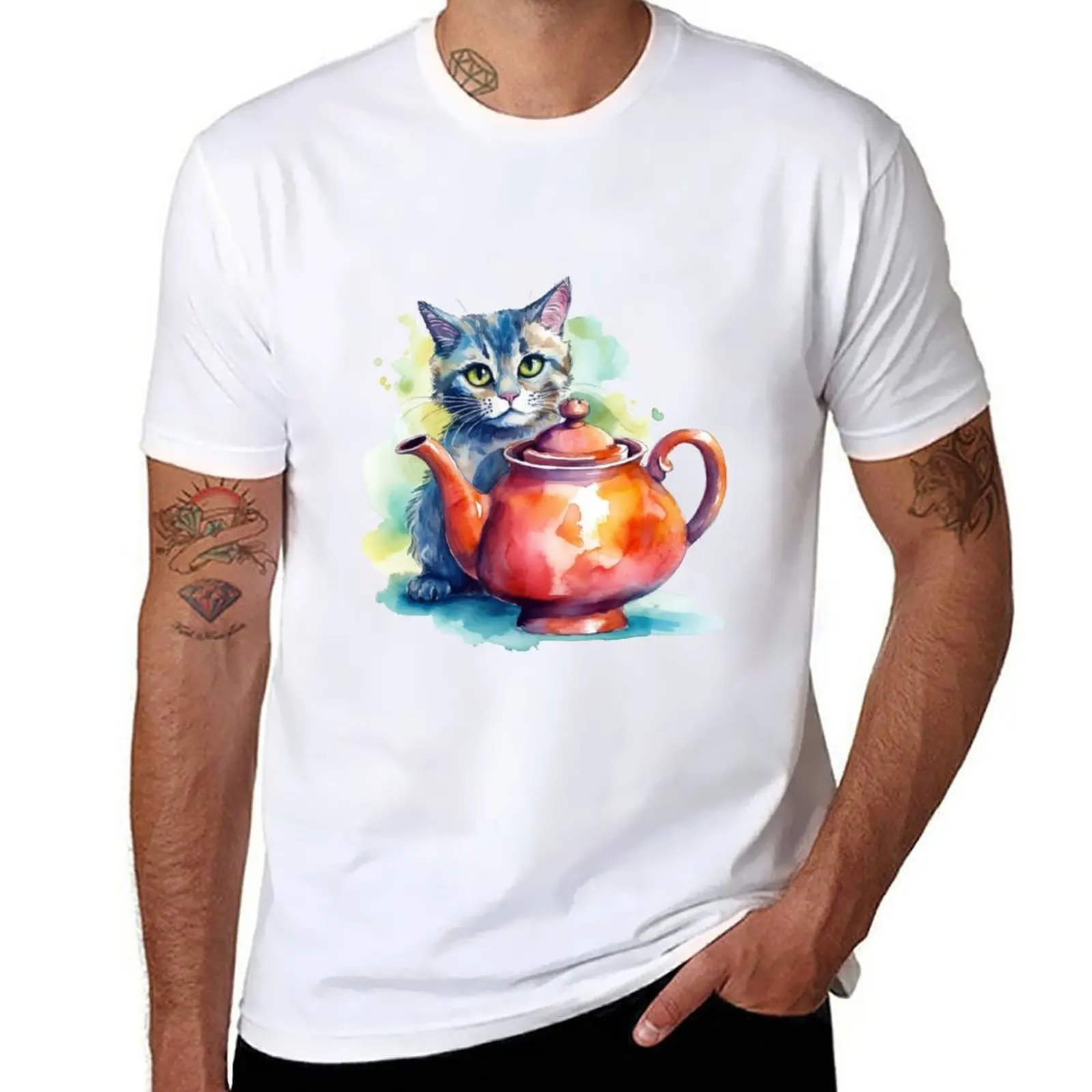 New Purr-fect Tea Time: A Whimsical Watercolor T-Shirt tees aesthetic clothes oversized t shirts t shirts for men cotton