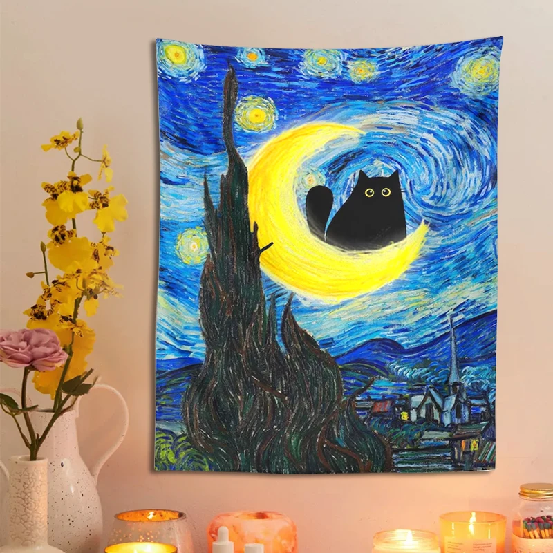 Van Gogh The Starry Night Cat Tapestry Moon Cat Art Funny Cat Print Throw Blanket Bohemian Gift Home Decor Wall Hanging