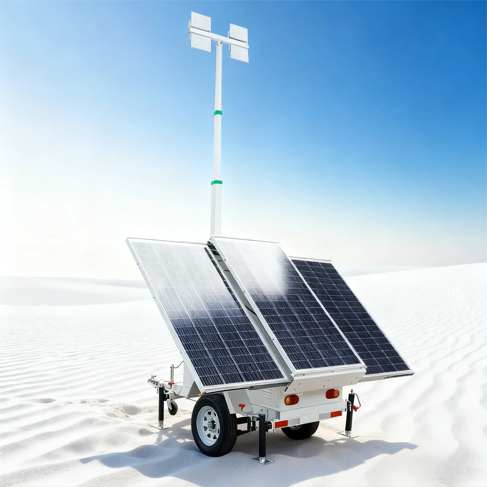 Towable Solar LED Illumination Tower with 5-7m Retractable Mast, Professional for Construction Site Field Operation Lighting