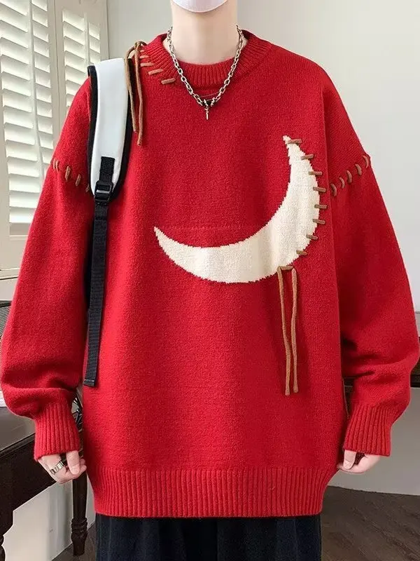 

Свободный мужской трикотаж American Sle, круглый свитер Ne, осень-зима, Thiened, полиэфирное волокно, модная верхняя одежда