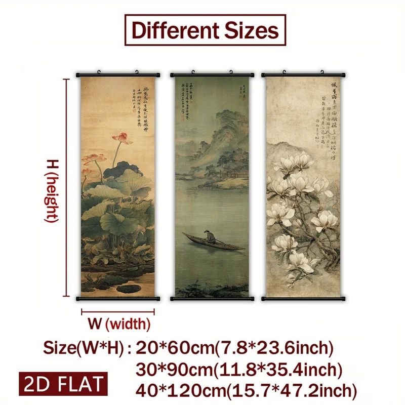 VIKAMA Oriental Ink Wash Lotus Magnolia Triptych Wall Scroll Poster Minimalist Zen Canvas Art Print Hanging Painting