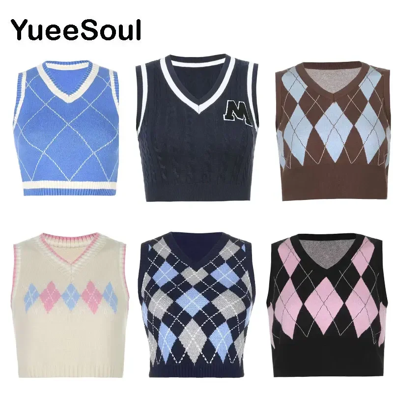 Knitted Crop Top Sweater Vest Summer Y2k Aesthetic Casual 2000s Sleeveless Pullover Knitwear Retro Sweet Cute Fashion Streetwear