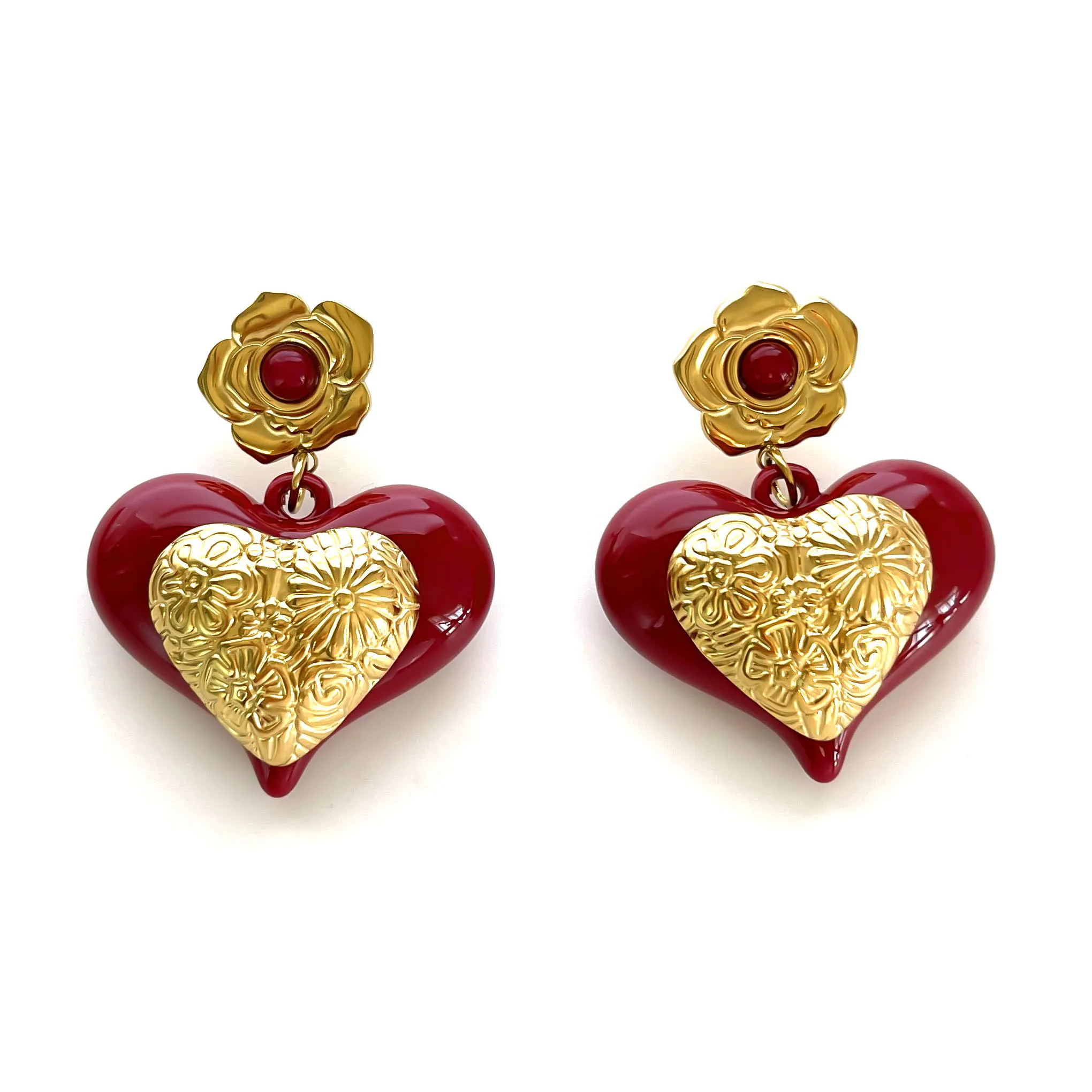 GHIDBK جديد خمر مبالغ فيه الأحمر الراتنج القلب مكتنزة إسقاط أقراط للنساء الفتيات العصرية الفولاذ المقاوم للصدأ مجوهرات حفلات الزفاف