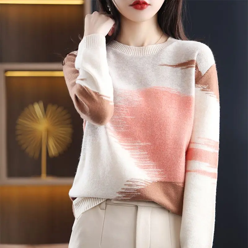 Fashion All-match Contrast Color Round Neck Sweaters Elegant Vintage Long Sleeve Knitted Tops Autumn Winter Women\'s Clothing