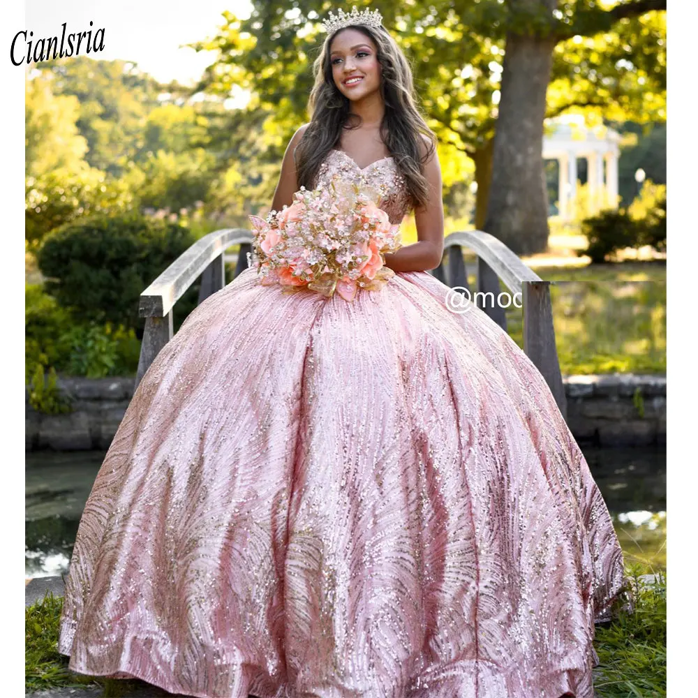 Rosa de ouro espaguete cinta bola vestido quinceanera vestidos sparkly cristal flores artesanais doce 16 vestido 15 anos