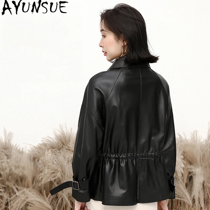 AYUNSUE Genuino Giacca di Pelle Vestiti Delle Donne 2025 Primavera Autunno Cappotto di Pelle di Pecora Donna Vita Nera Jaqueta De Couro