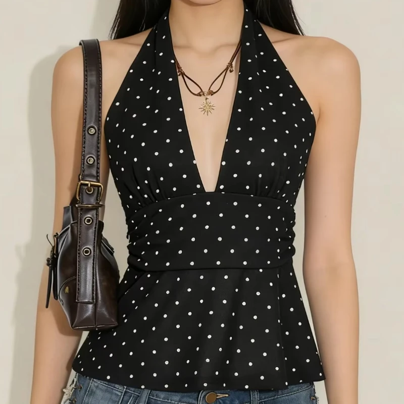 Fashion Ins Style Spice Girl Polka Dot Neck Waist Ruffled Top Deep V Sleeveless Vest Retro Harajuku Pleated Minority Design Top