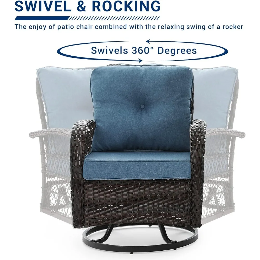 Pátio de vime Bistro Set com cadeira de balanço Rattan, Outdoor Swivel Glliders, Rocker Furniture Set, 3 pcs
