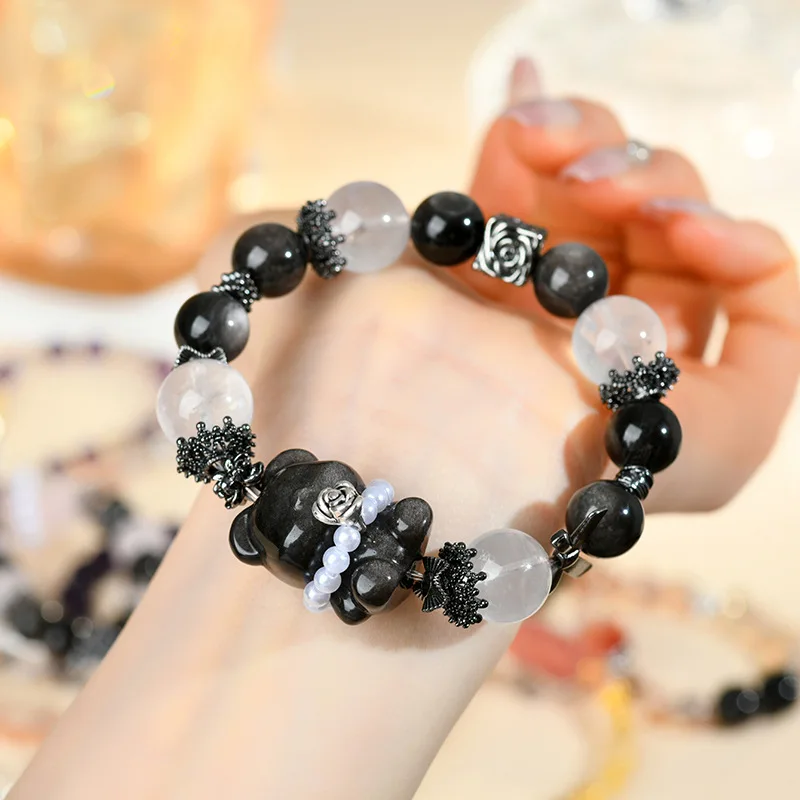 

Natural White Silver Obsidian Bear Bracelet Large Beads Cute Hand String New Jewelry