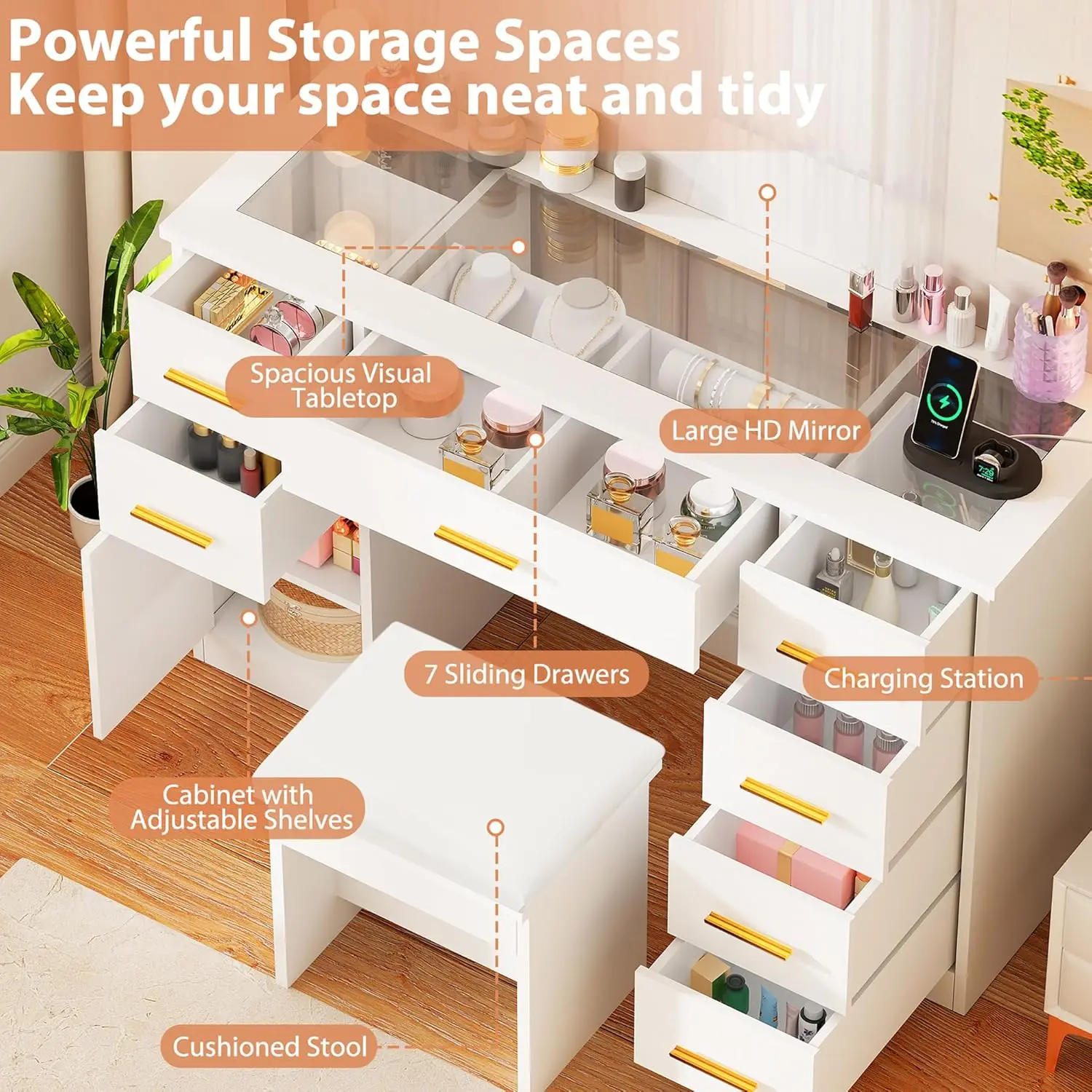 Oświetlana toaletka z białym lustrem, szklanym blatem, gniazdem elektrycznym i 7 szufladami do przechowywania, dostępna w 3 opcjach kolorystycznych.