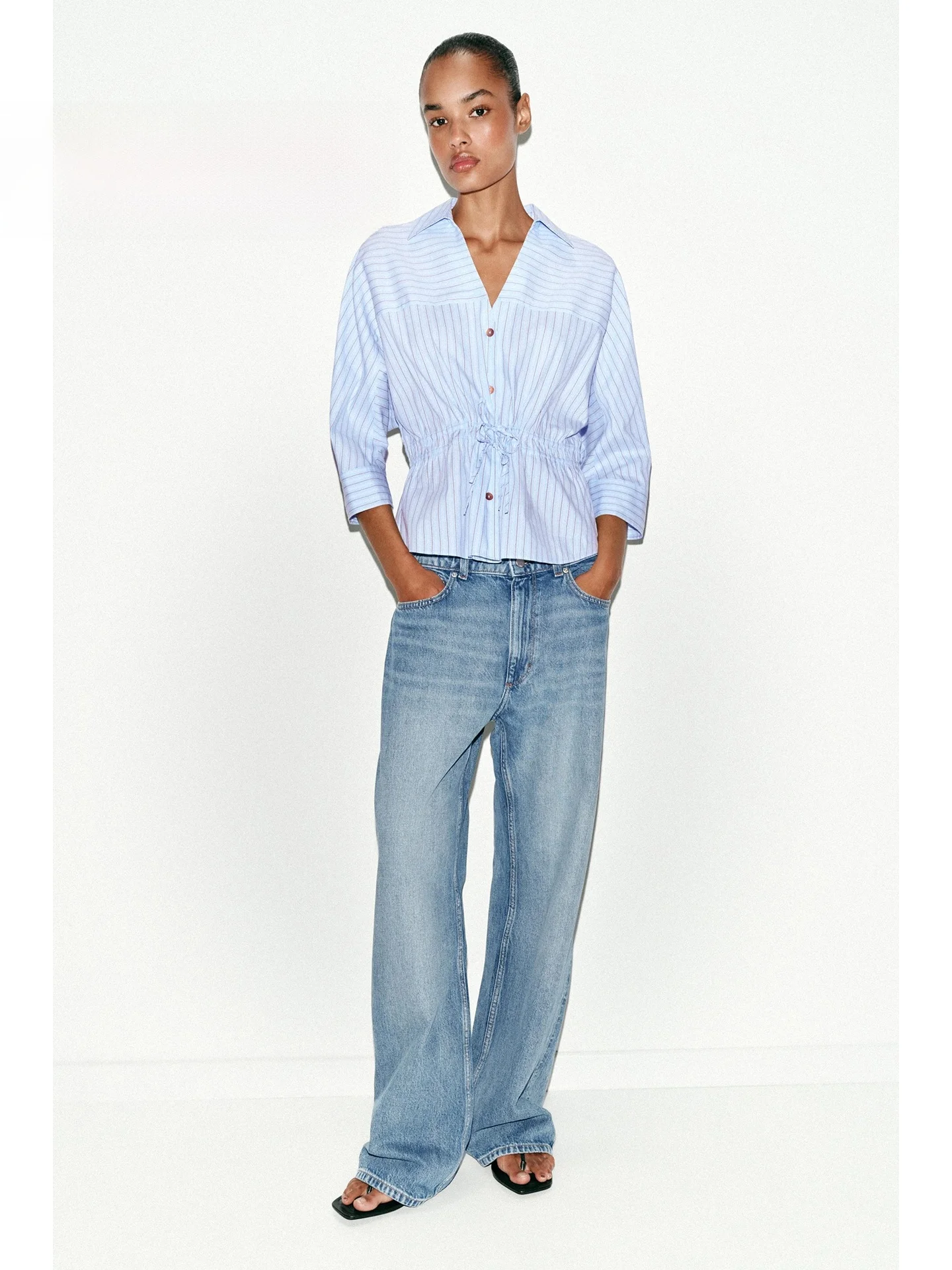 

Летняя женская повседневная рубашка в полоску с V-образным вырезом, завязками на талии, утягивающая, с длинным рукавом, свободного кроя, коллекция 2026 года