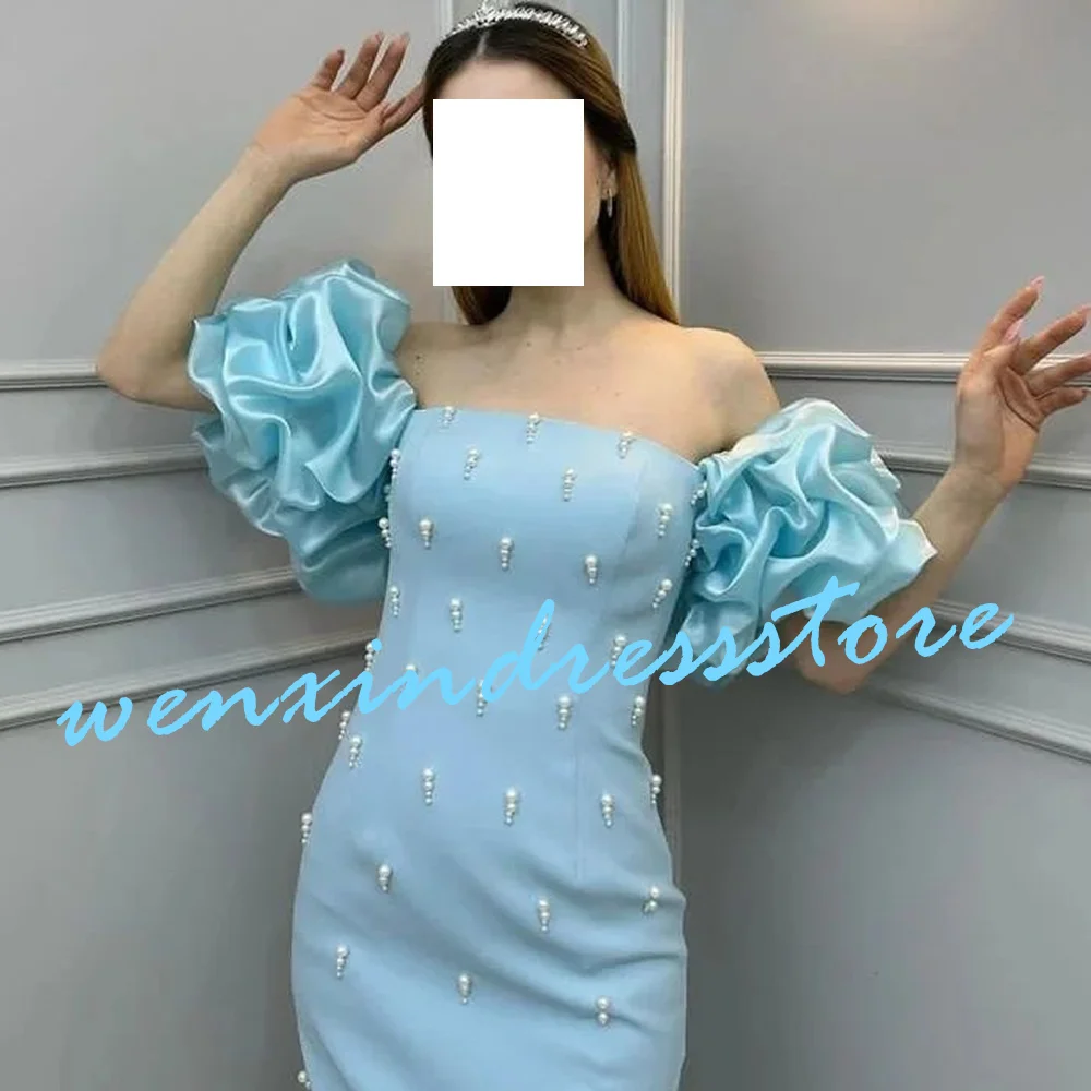 Blue Off the Shoulder Short Sleeves Floor Length Jersey Straight Evening Dress Exquisite Pleats Pearls Saudi Arabia Women