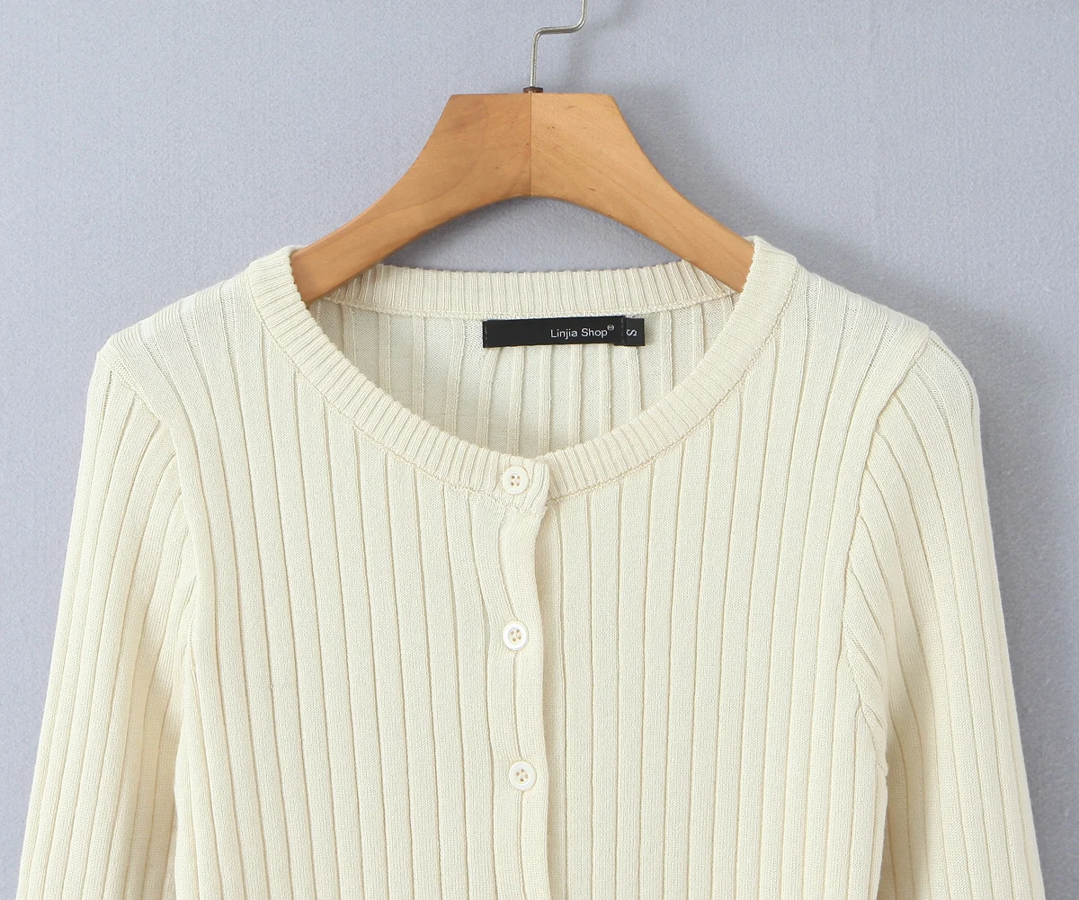 جديد الخريف البيج الضلع متماسكة زر من خلال Pointelle سترة الحلو للنساء س الرقبة طويلة الأكمام المحاصيل سترة تريكو الوردي