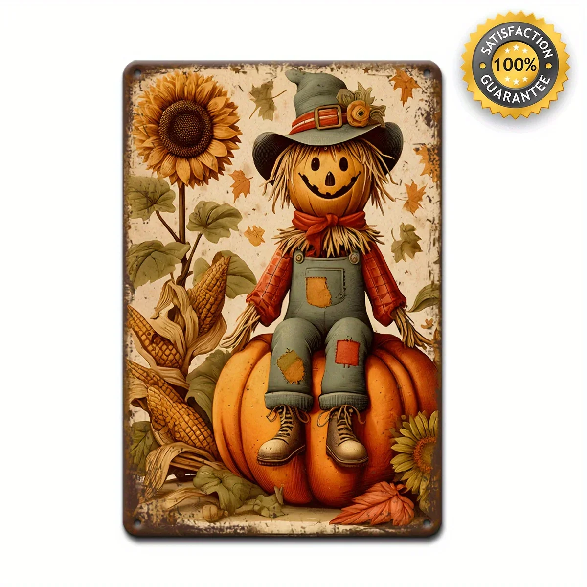 Vintage Fall Scarecrow & Pumpkin Metal Sign - 11.9