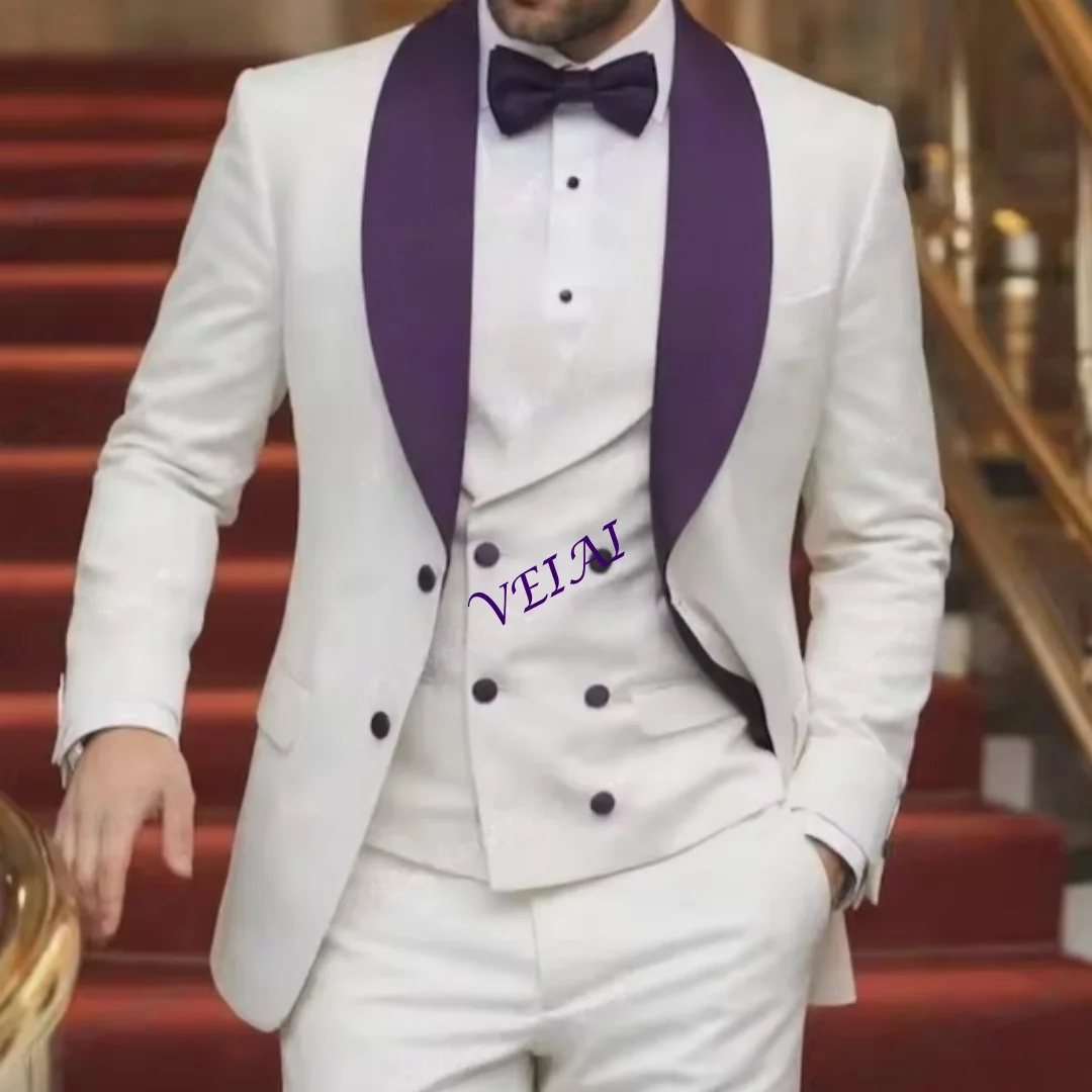 

CustomizedWhite And Purple Collar Business Formal Men Suit Groom Groomsman Wedding Party Prom Male Tuxedos 3 Piece Set Blazer Ve