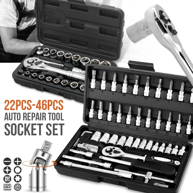 

For Mechanical Tool 46Pcs/22Pcs 1/4" & 3/8" Drive Socket Wrench Set, Professional Tool Kit Ratchet Torque Wrench Set