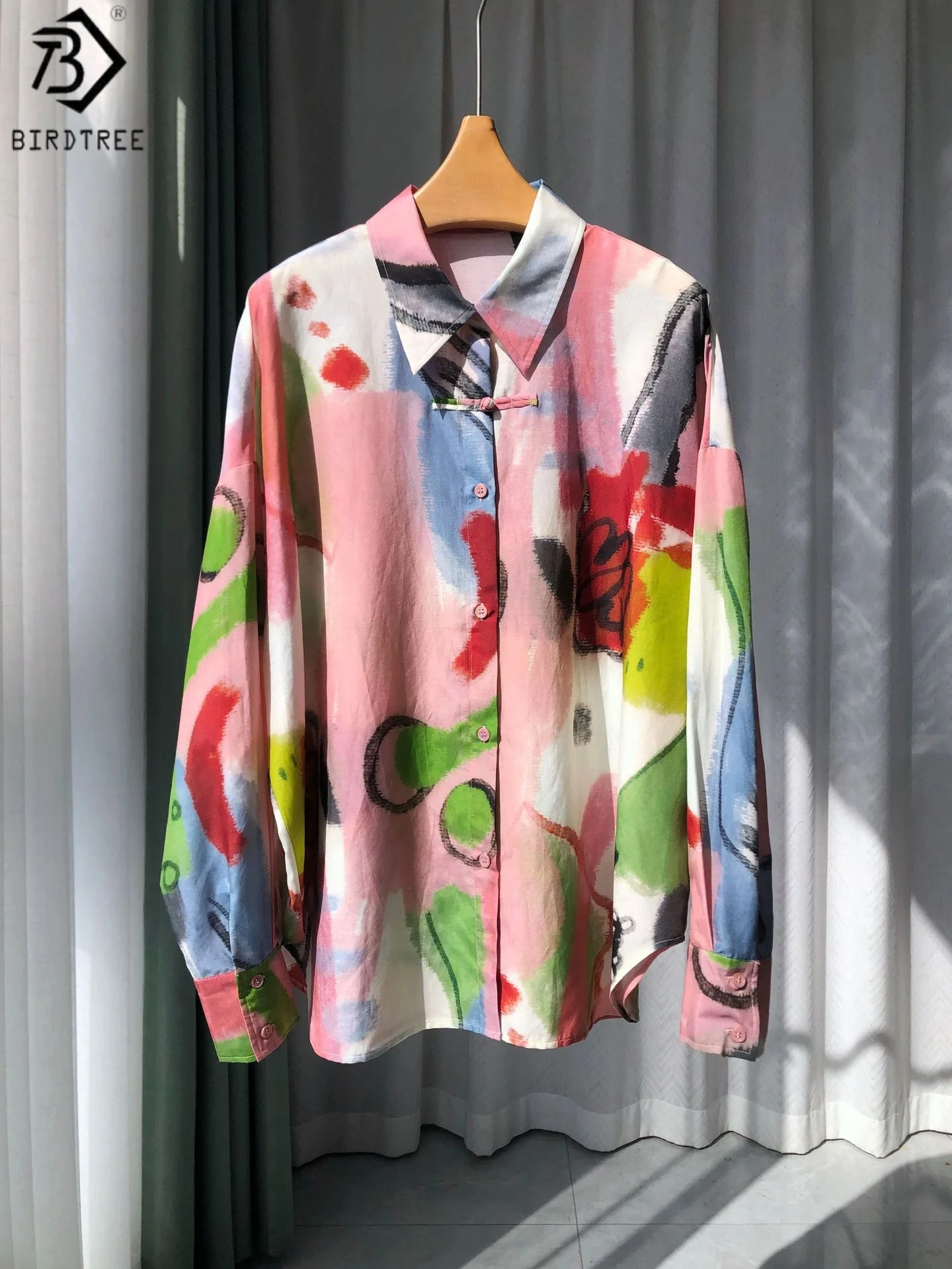 

Birdtree 30% Real Silk 70% Cotton Colorful Shirt,Women Polo Collar Long Sleeve Single Breasted Frog Blouse,2025 New T57835JF