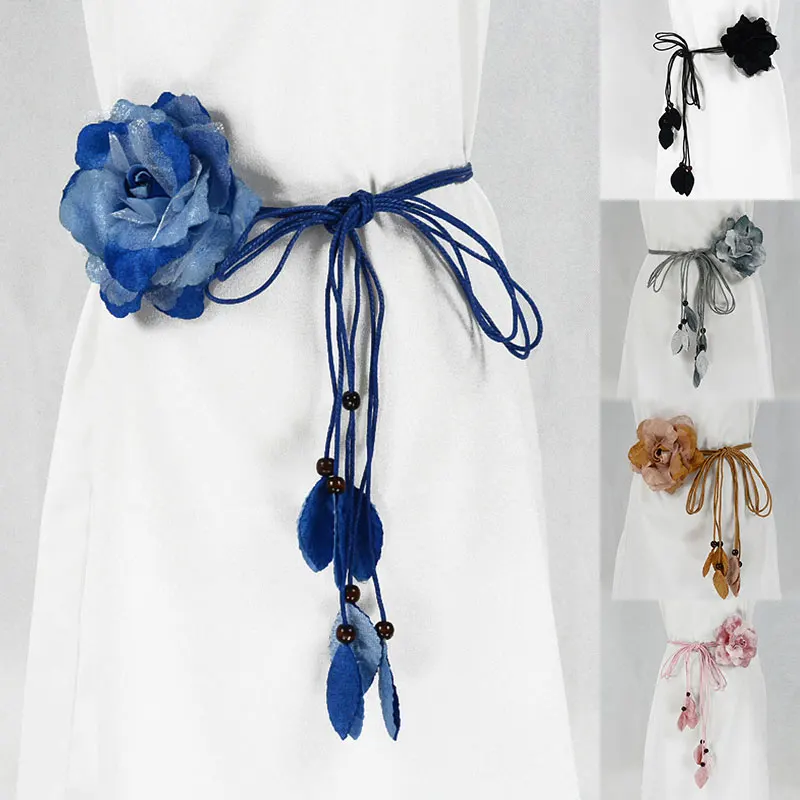 

Chiffon Big Flower Decorative Waist Belt Braided Knotted Waist Chain Women Long Tassel Thin Belt Fashion Korean Waistband