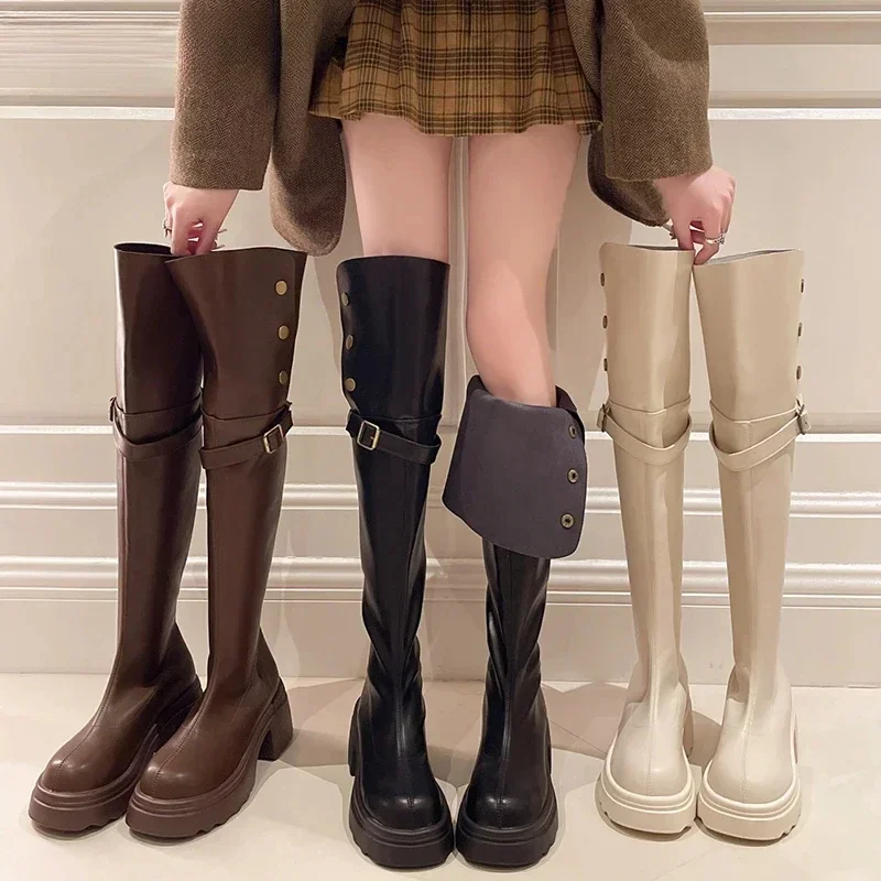 Autumn Winter Platform Women Over The Knee High Boots Fashion Slip On Thick High Heels Concise Long Botas De Mujer