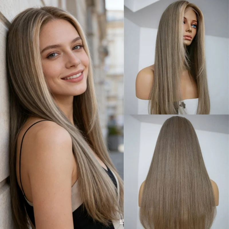 

Парик для вечеринок и повседневного использования, 13x4, омбре коричневый с блонд-оттенками, HD кружевной фронтальный парик без клея, с предварительно проработанной линией роста волос, мягкий прямой парик