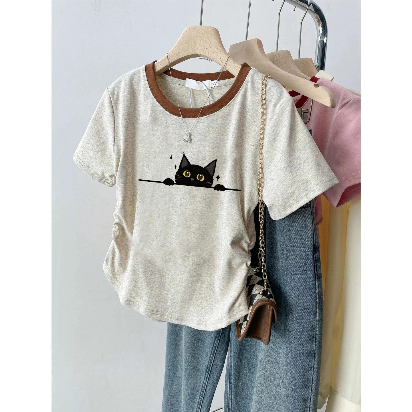 Camiseta Retro Americana de Manga Corta con Bloques de Color para Mujer, Ajuste Delgado, Estilo Corto, Sexy, Tallas Grandes, Top de Algodón para Chicas Curvy/Plus Size