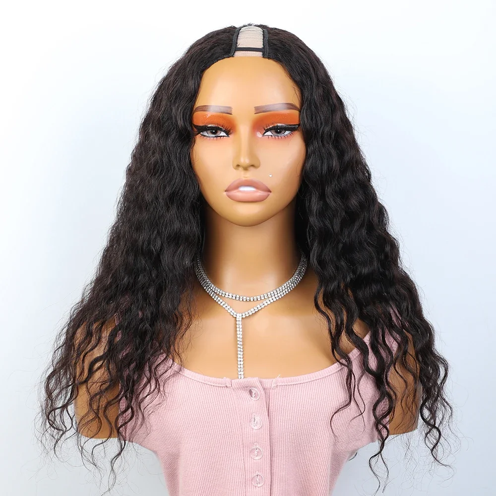 

Cheap U Part Human Hair Wigs Jerry Curly Brazilian Hair Wigs Natural Black Deep Wave Glueless V Part Wigs 180% Density Wholesale