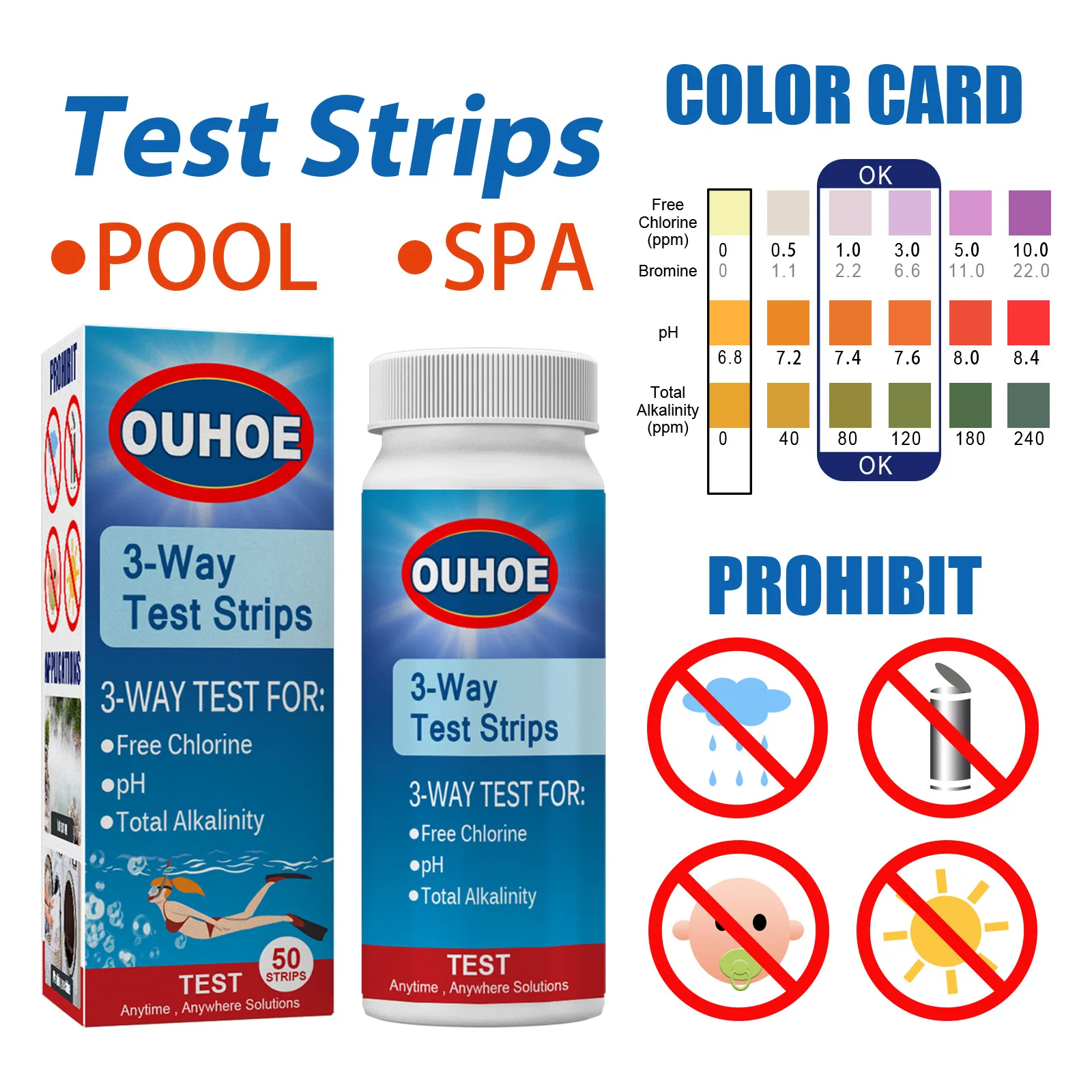 50pcs/box Three-in-one PH Test Paper Swimming Pool Water Quality Total Alkalinity Hardness Pool Cleaning Water PH Test Strip